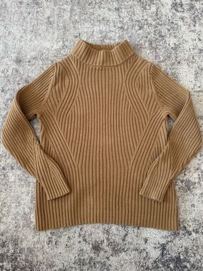Lands’ End Ribbed Cotton Blend Mock Neck Sweater Tan Camel Fitted Knit Size L